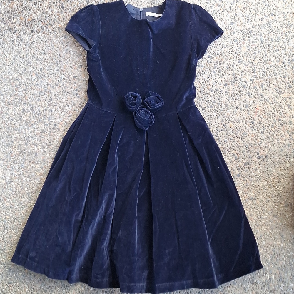 Patachou Navy Velvet Dress with Floral Accents Girls Size 14Y